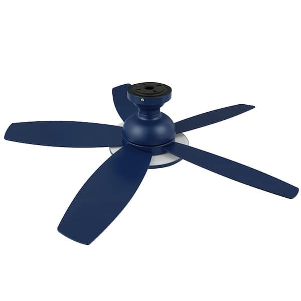42 in. Integrated LED Navy Blue Gray Oak Low Profile Flush Mount Standard Ceiling Fan with Light and Remote