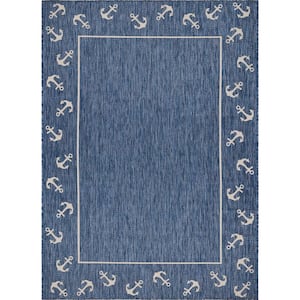 Naira Nautical Navy Blue/White 7 ft. 6 in. x 9 ft. 5 in. Anchor Border Polypropylene Indoor/Outdoor Area Rug