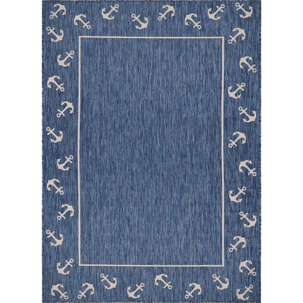 Naira Nautical Navy Blue/White 5 ft. 3 in. x 7 ft. Anchor Border Polypropyl
