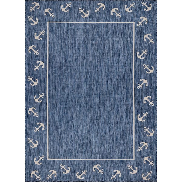 Unbranded Naira Nautical Navy Blue/White 7 ft. 6 in. x 9 ft. 5 in. Anchor Border Polypropylene Indoor/Outdoor Area Rug