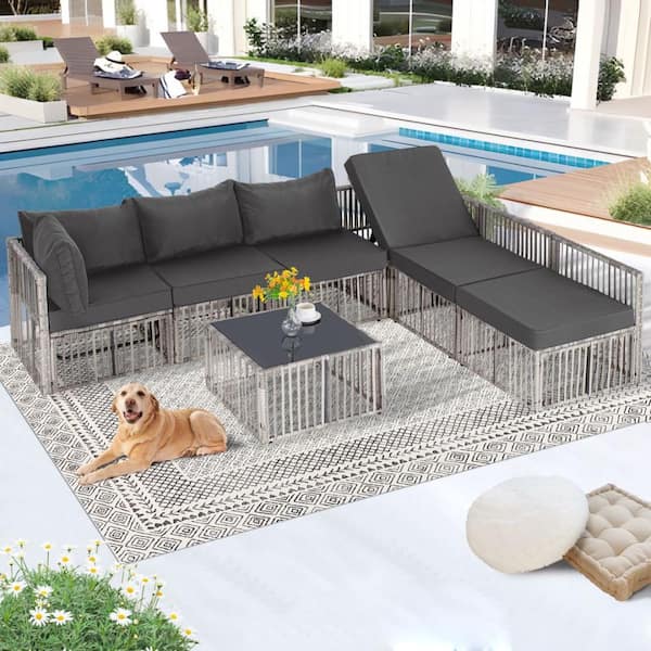 MIRAFIT 7-Piece Gray Patio Rattan Furniture Set Sofa Chair Coffee Cushioned with Gray Cushion
