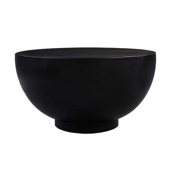 THE URBAN PORT 30 in. Matte Black Round Drum Shape Solid Mango Wood Art Coffee Table with Platform Base