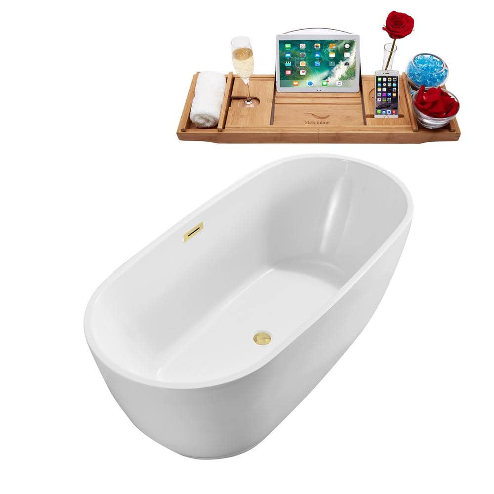 71" Glossy White Acrylic Freestanding Soaking Bathtub with Polished Brass Drain