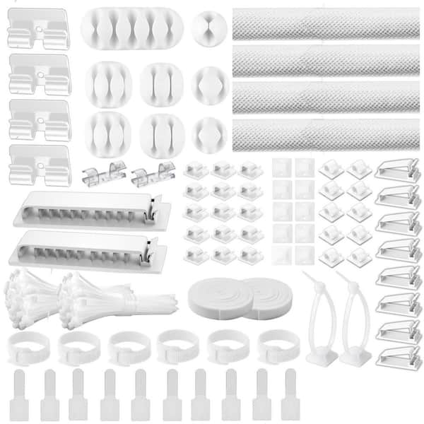 Cable Management Kit 313 Pieces with 67 Adhesive Cable Clips 22 Reusable Straps 4 Cable Sleeve Split 200 Zip Ties White