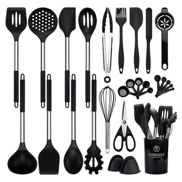 Black Silicone Stainless Steel Kitchen Utensil Set Heat-Resistant Nonstick Dishwasher Safe Cooking Accessory Kit 28 Pcs