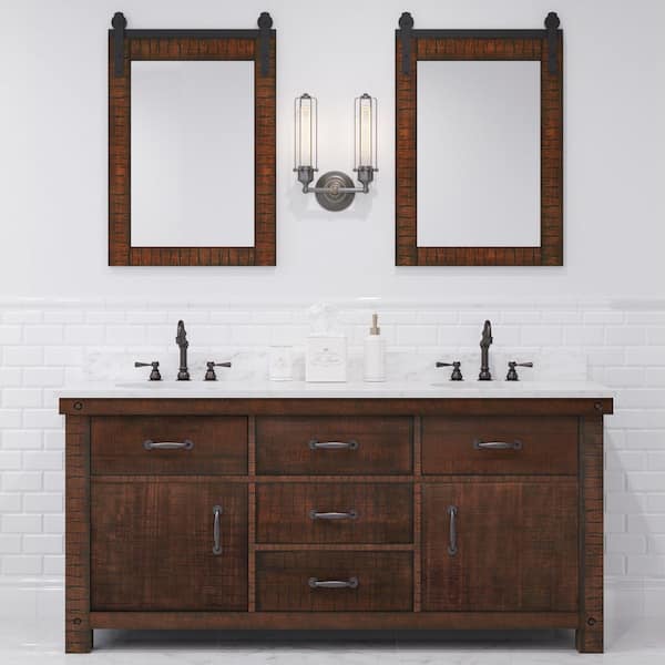Aberdeen 72 in. W x 22 in. D Vanity in Rustic Sienna with Marble Vanity Top in White with White Basin and Mirror
