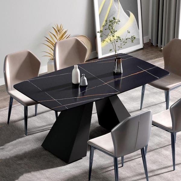 Magic Home 63 in. Black Sintered Stone Tabletop Kitchen Dining Table with Modular Black V Shaped Metal Pedestal Base (6 Seats)
