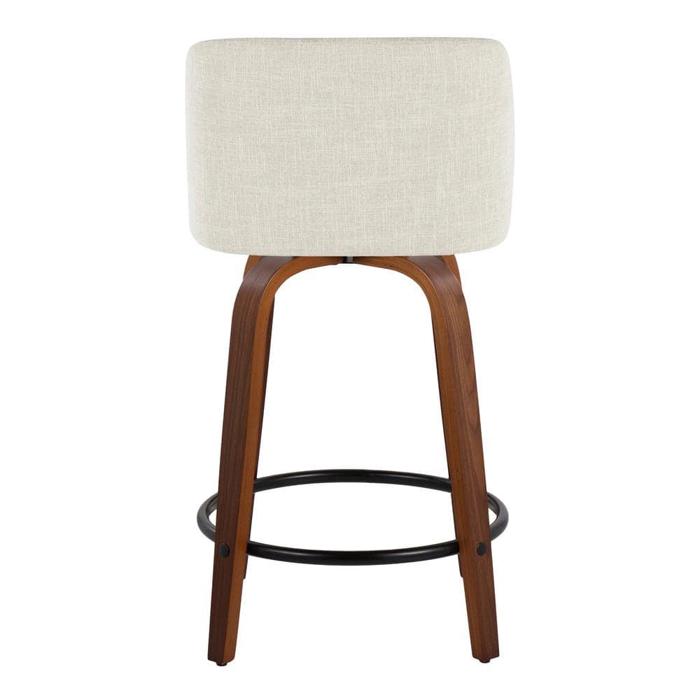 Off-White Swivel Upholstered Counter Stool with Walnut Legs, Set of 2