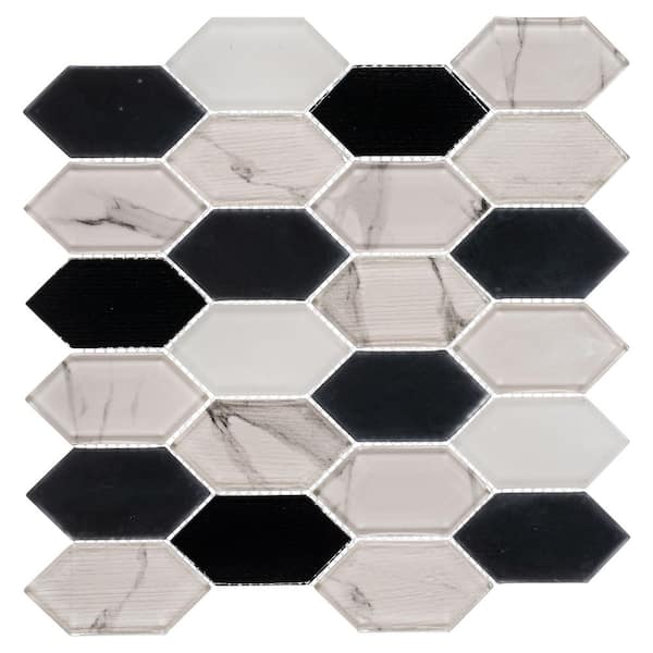 Astor Giovan Gray/White/Black 5 in. x 6.5 in. Geometric Smooth Glass Mosaic Tile Sample