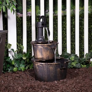27 in. Tall 2-Tier Barrel and Pump Waterfall Fountain, Bronze Finish