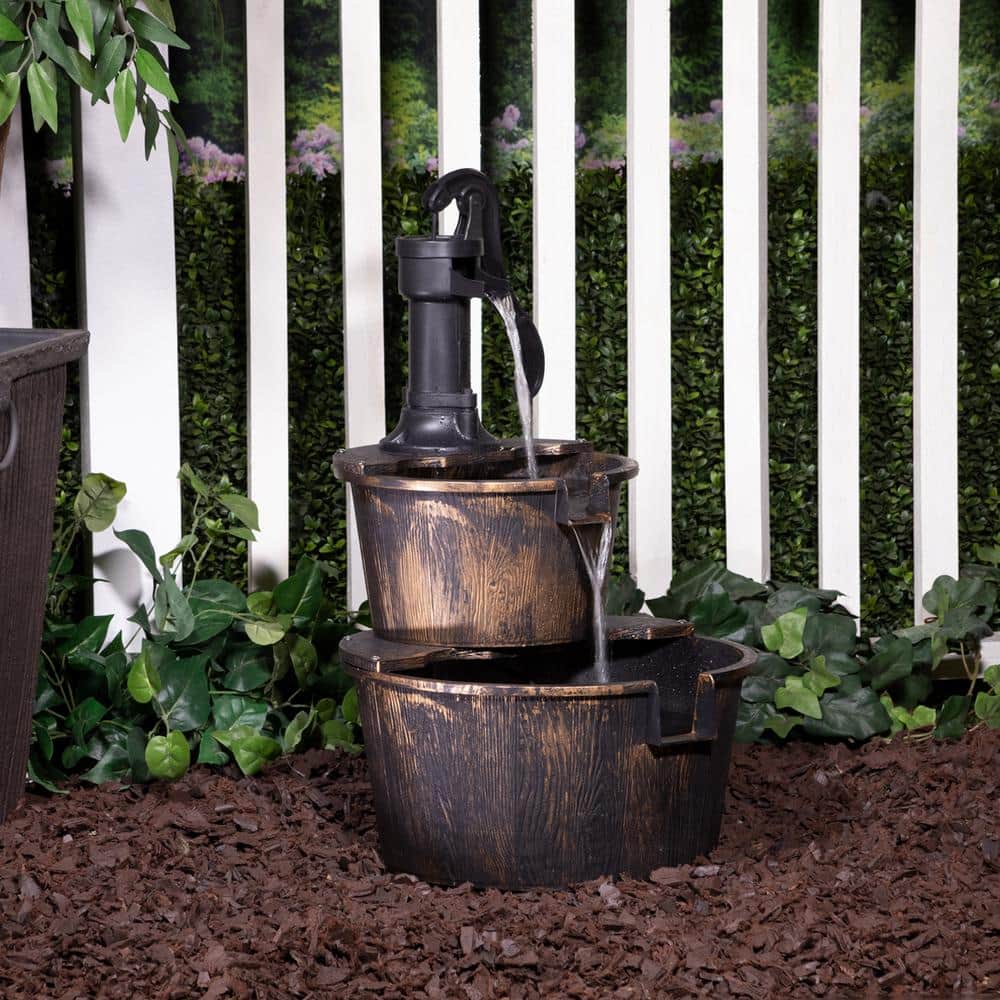 Rustic Bronze 2-Tier Barrel and Pump Water Fountain