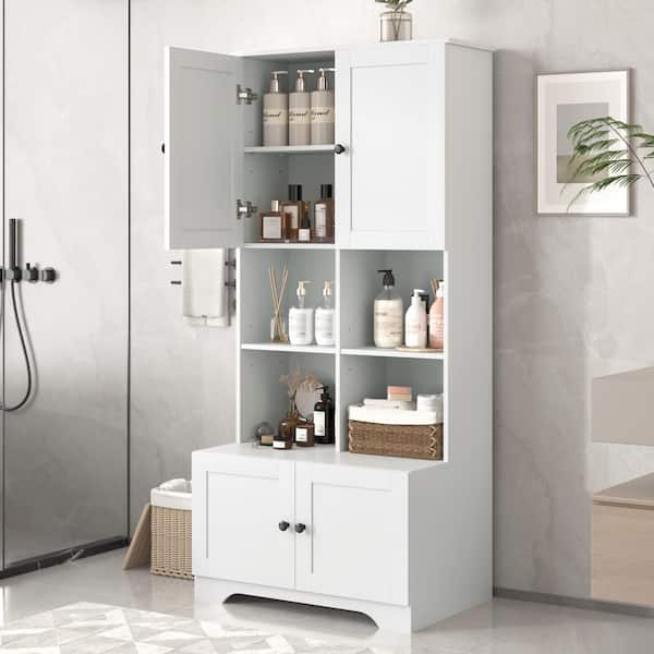 Unbranded 31 in. W x 12 in. D x 67 in. H White MDF Freestanding Bathroom Linen Cabinet with 4 Doors, Adjustable Shelves