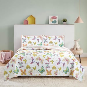 Emma Butterfly 2-Piece White Twin Size Microfiber Quilt Set