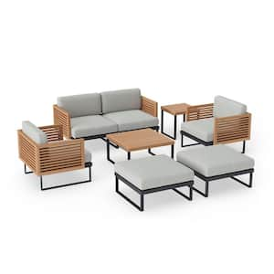 Monterey 6-Seater 7-Piece Aluminum Teak Outdoor Patio Conversation Set With Cast Silver Cushions