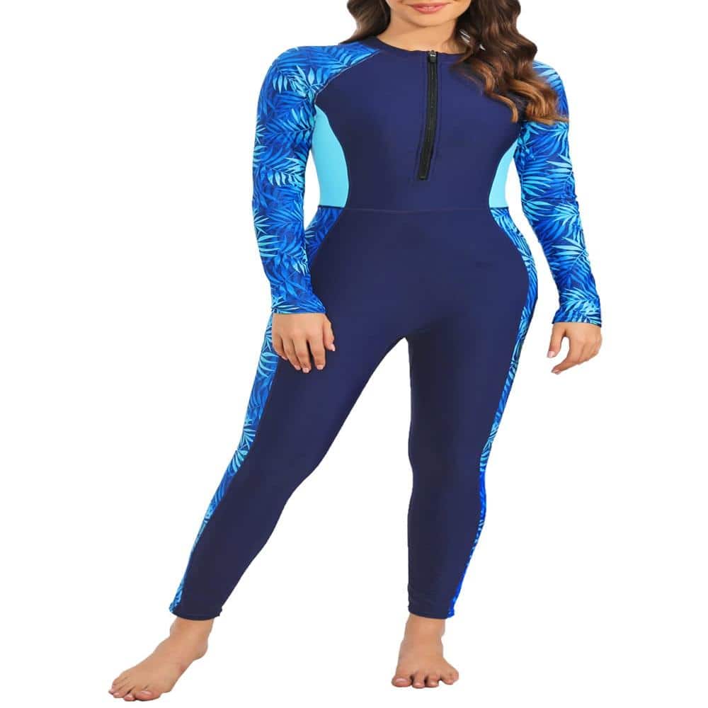 UPF 50+ Women's Rash Guard Swimsuit Zip Front Built-In Bra Blue Leaf 1-Piece