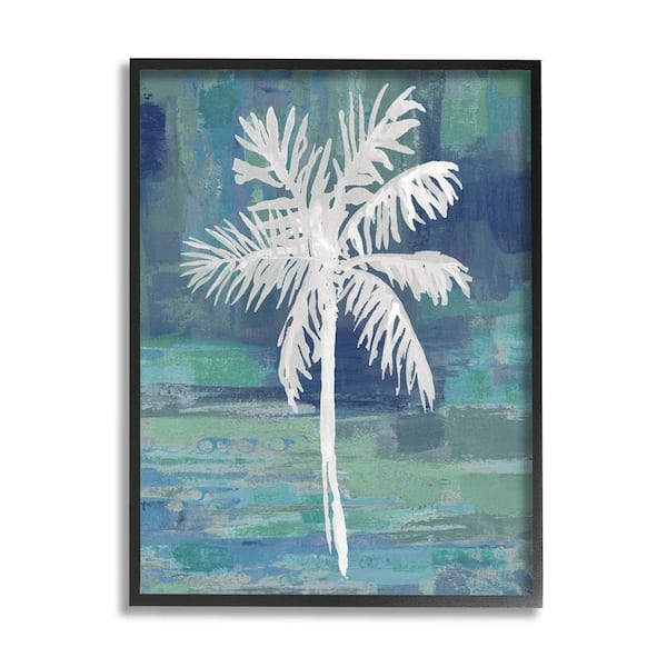 The Stupell Home Decor Collection White Palm Tree Leaves Abstract Green Background by Kristen Dew Framed Nature Art Print 14 in. x 11 in.