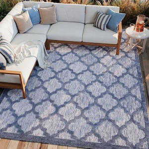 Easy Care Denim Blue 9 ft. x 12 ft. Geometric Contemporary Indoor Outdoor Area Rug