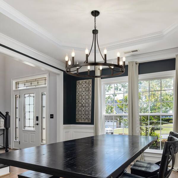 12-Light Black Farmhouse Rustic Classic Round Wagon Wheel