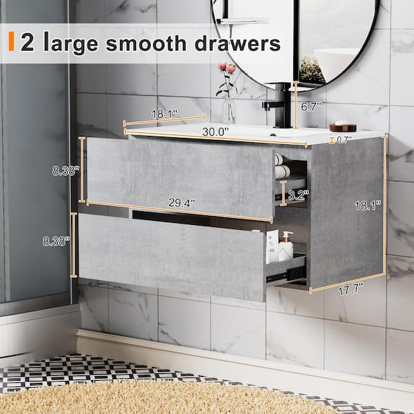 30 in. W x 18.1 in. D x 18.1 in. H Single Sink Floating Gray Bath Vanity with White Resin Top and Drain Faucet Set