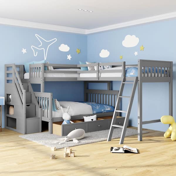 Harper & Bright Designs L-Shaped Gray Twin-Twin Over Full Wood Bunk Bed with Built-in Storage Staircase, 3-Drawer