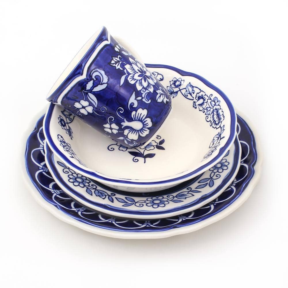 Sophisticated Blue Garden 16-Piece White Ceramic Dinnerware Set