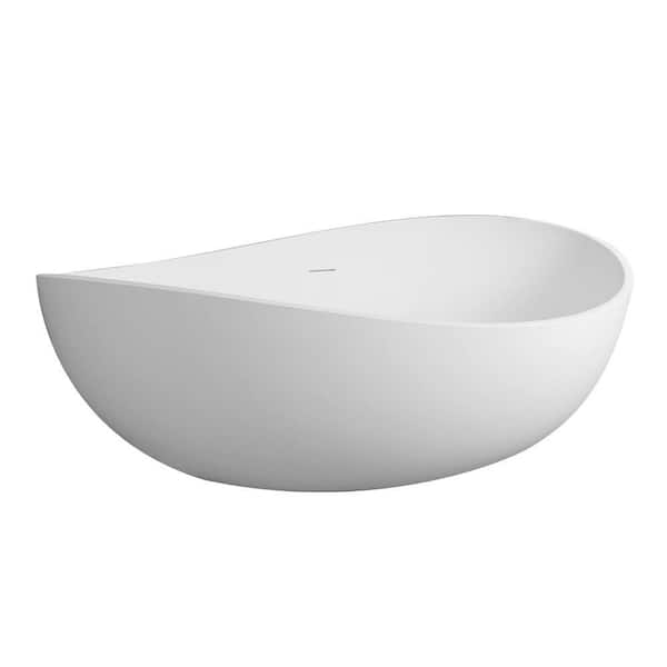 63 in. x 37.4 in. Solid Surface Freestanding Soaking Bathtub with Center Drain in Matte White