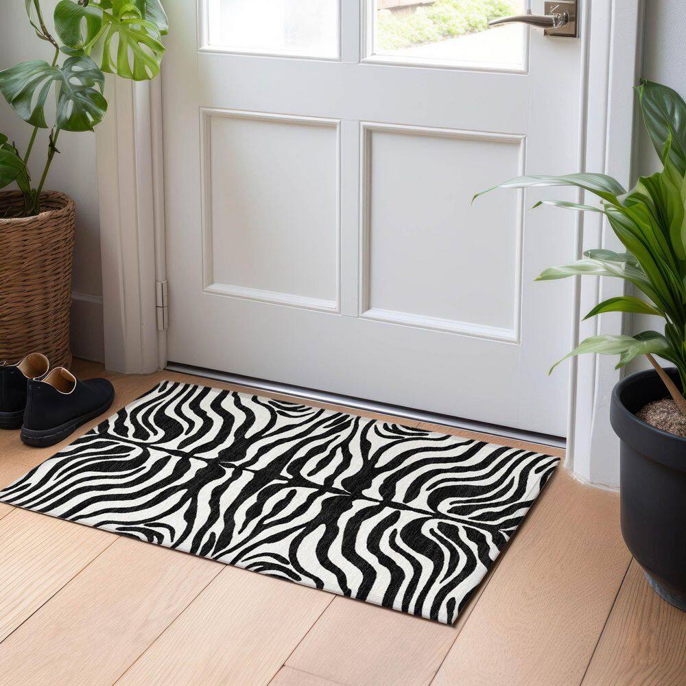 Black and White Zebra Pattern Washable Synthetic Rug