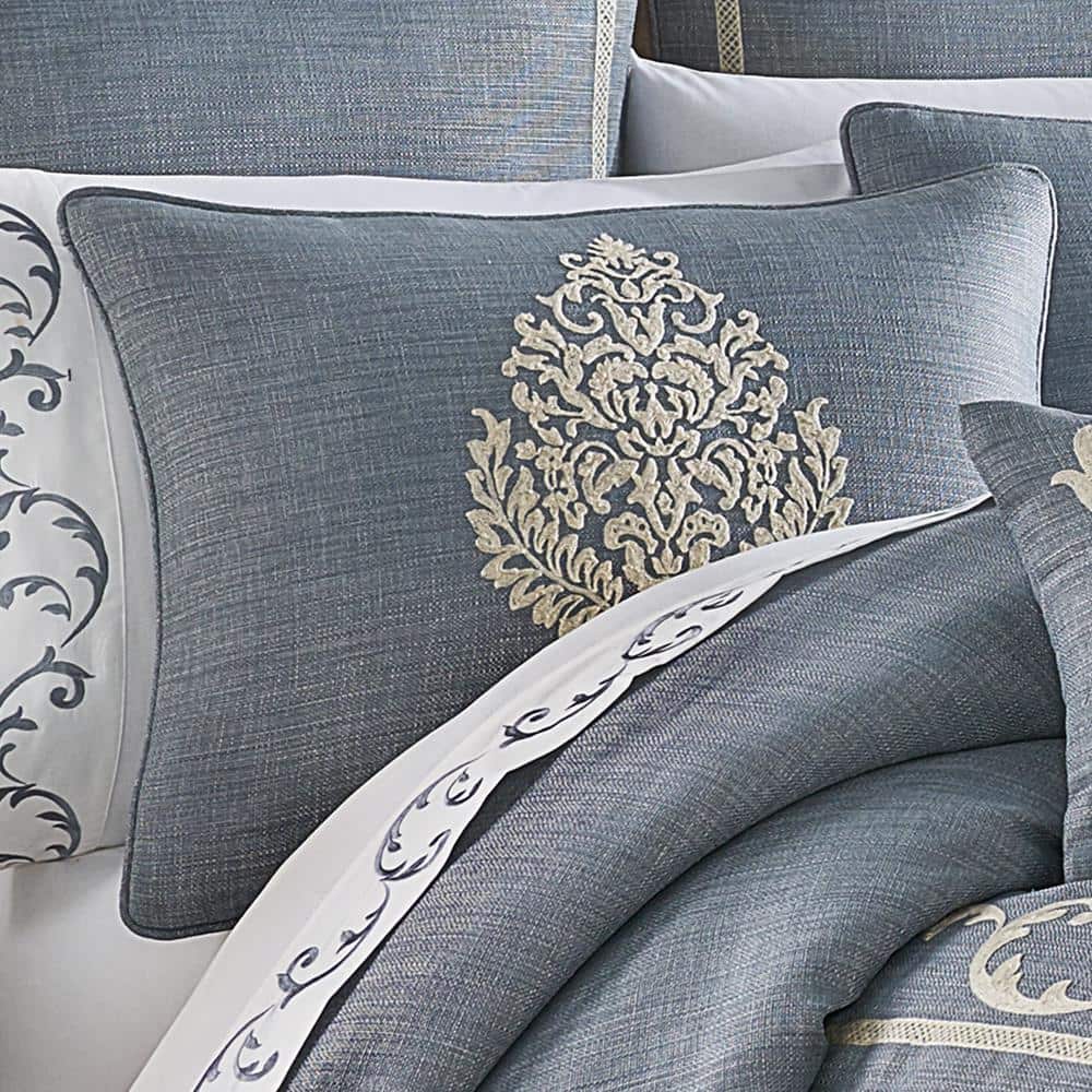 Augusta King Blue Microfiber Comforter Set with Ivory Damask