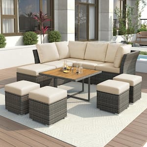 Gray Frame 10-Piece Wicker Patio Conversation Set with Beige Cushions and Coffee Table, Ottomans