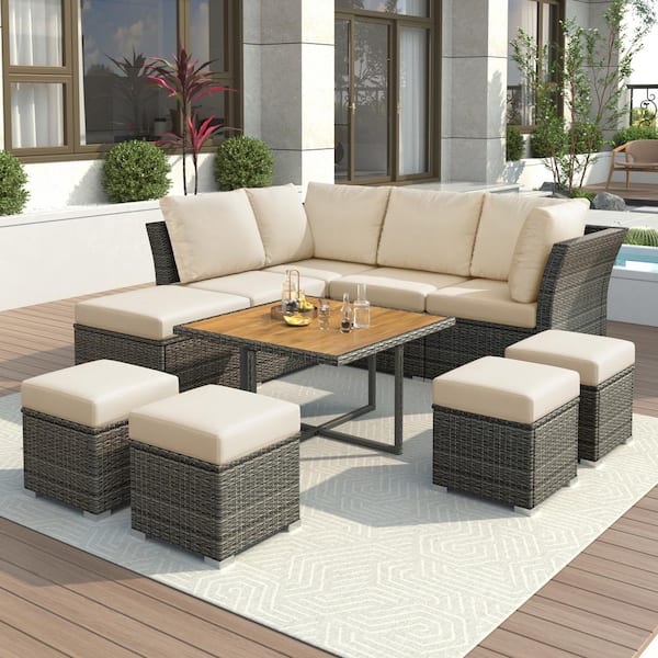 Polibi Gray Frame 10-Piece Wicker Patio Conversation Set with Beige Cushions and Coffee Table, Ottomans