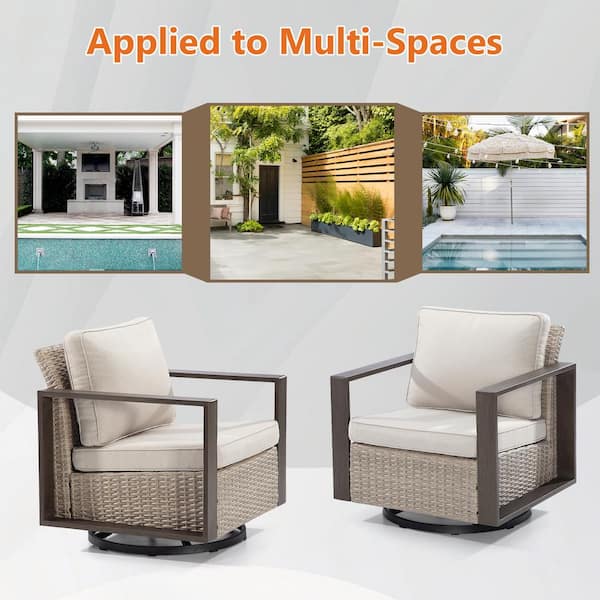 2-Piece Patio Wicker Swivel Outdoor Rocking Chair with Metal Frame and Beige Cushions