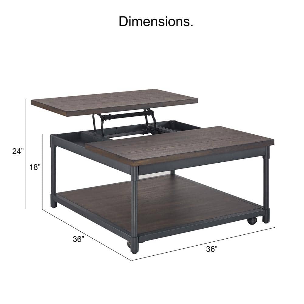 Transitional Prescott 36" Square Lift-Top Cocktail Table in Brown and Black