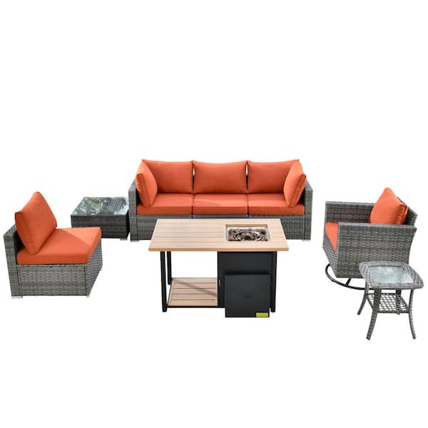 Hippish Gray 8-Piece Wicker Outdoor Patio Fire Pit Table Conversation Seating Set with Orange Red Cushions