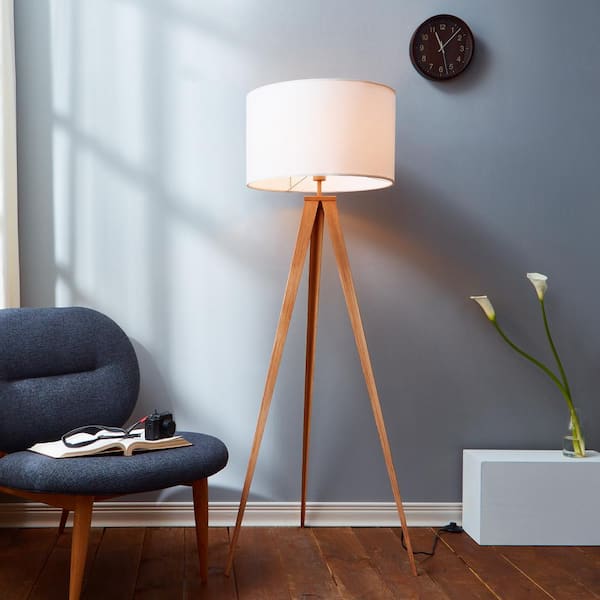 Tripod Floor Lamp LED Light Modern Bed Living Room Wood Leg White Shade 110V New 