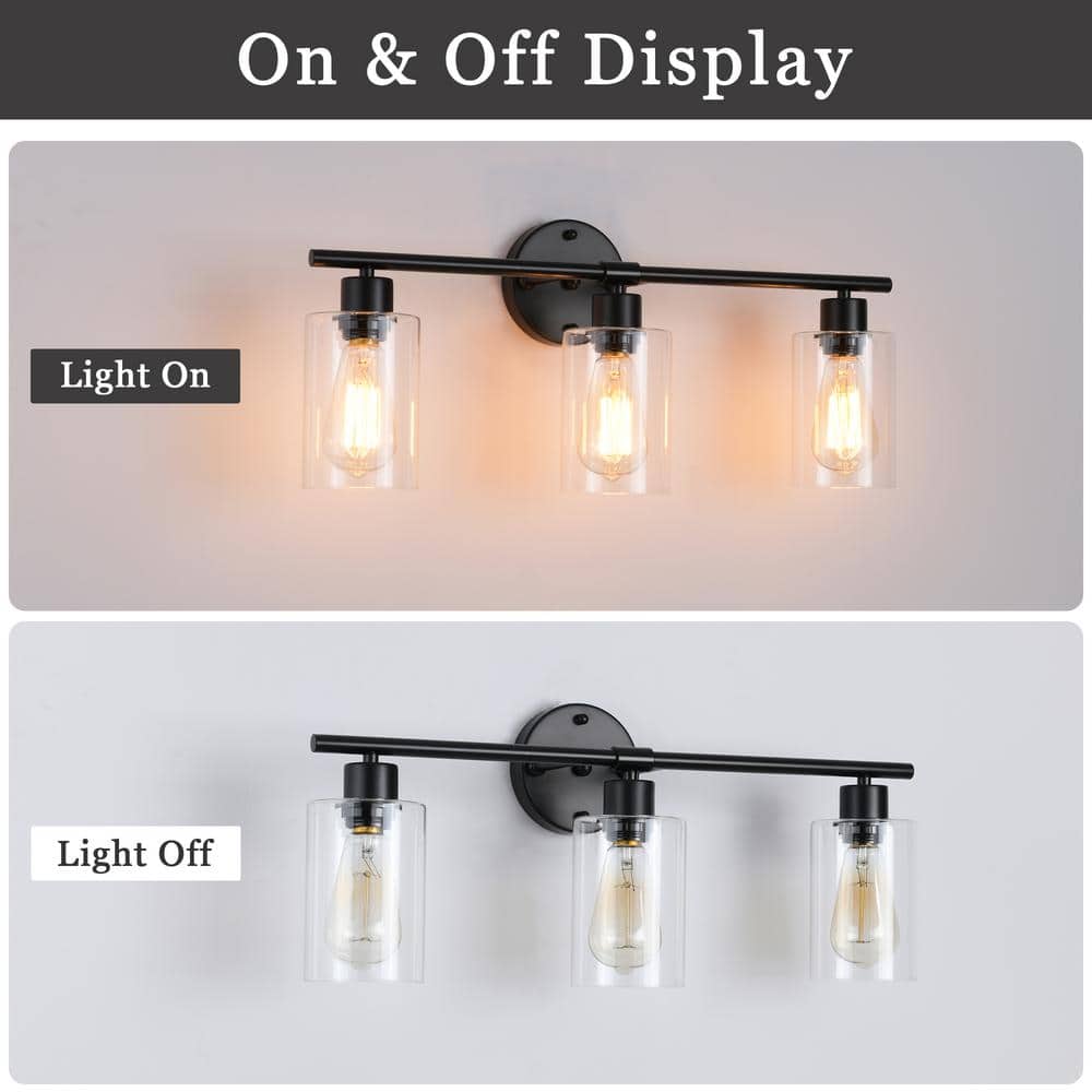 Black Metal 3-Light Vanity with Clear Glass Shades