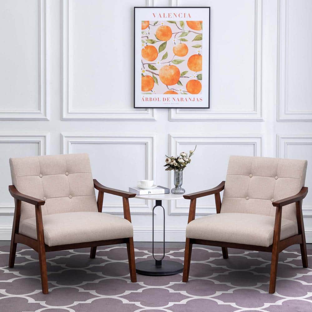 Sandy Beige Fabric Espresso Wood Accent Chair