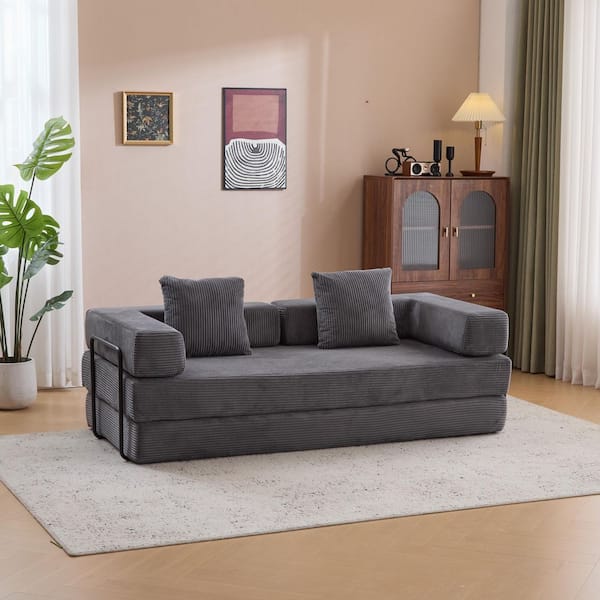 76.77 in. Dark Grey Corduroy Fabric Queen Size Convertible Sofa Bed with Pillow, Compressed and No Assembly Required