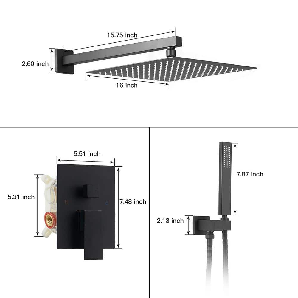 Matte Black 16" Square Rain Shower Faucet with Handheld