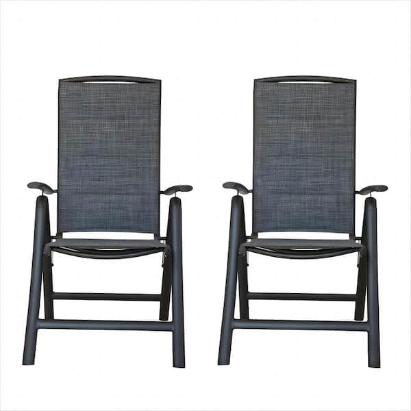 Zeus & Ruta 2-Piece Dark Gray Metal Bilayer Textilene Fabric Folding Outdoor Recliner Chairs with Adjustable High Backrest for Patio