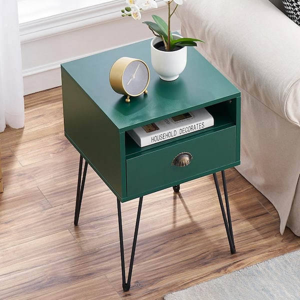 VECELO Nightstand 2-Tier Industrial End Side Table with Open Compartment & 1 Drawer, Green，23.7"Tx15.7"Wx15.7"L
