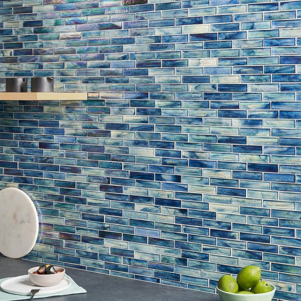 Beach Blue Polished Glass Brick Joint Mosaic Wall Tile