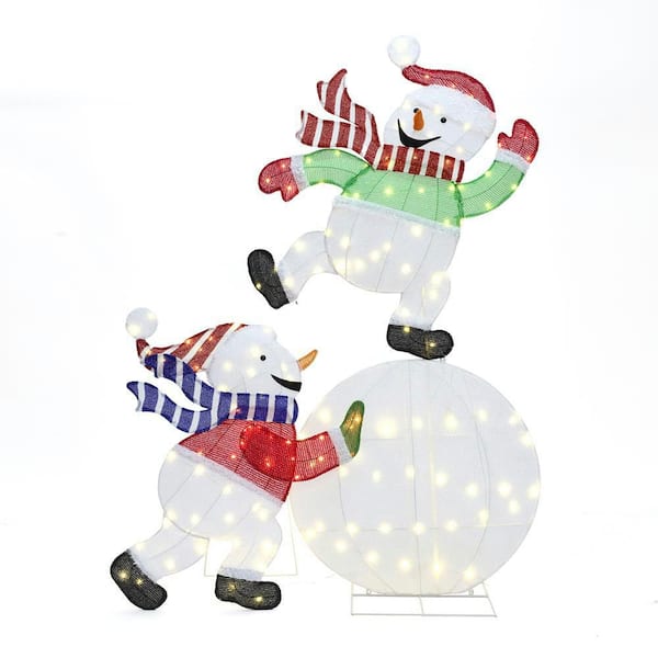 67 in. Snowman and Snowman on Ornament Outdoor Christmas Decoration Set with Lights