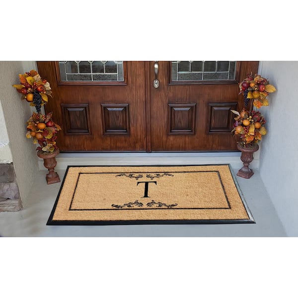 A1 Home Collections A1hc Stylish Leaf Border Black 23 in. x 38 in. Rubber and Coir Large Outdoor Durable Monogrammed G Door Mat