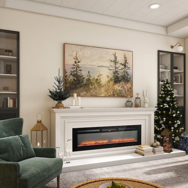 60 in. 400 sq. ft. Wall-Mount/Recessed LED Electric Fireplace Insert with Remote Control, Adjustable Heating