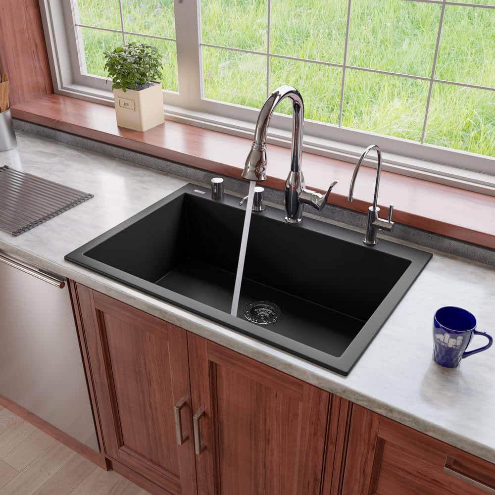 33'' Black Granite Single Bowl Drop-In Kitchen Sink