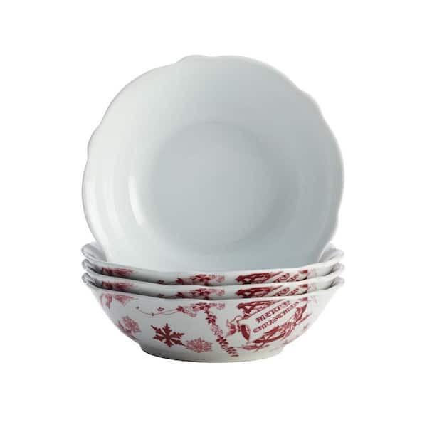 BonJour Dinnerware Yuletide Garland 4-Piece Porcelain Stoneware Fluted Cereal Bowl Set in Print