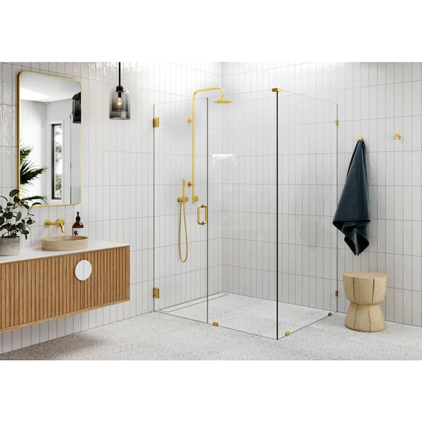 Glass Warehouse 57 in. W x 39.5 in. D x 78 in. H Pivot Frameless Corner Shower Enclosure in Satin Brass Finish with Clear Glass