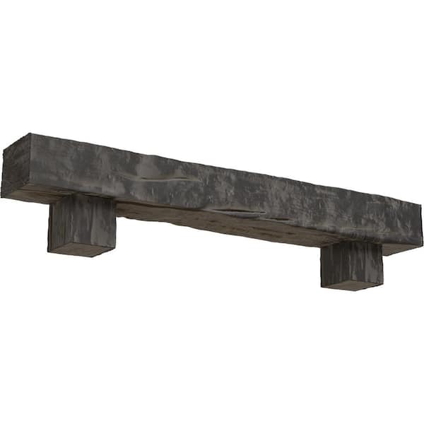 Ekena Millwork 6 in. x 8 in. x 7 ft. Riverwood Faux Wood Fireplace Mantel Kit, Alamo Corbels, Aged Cedar