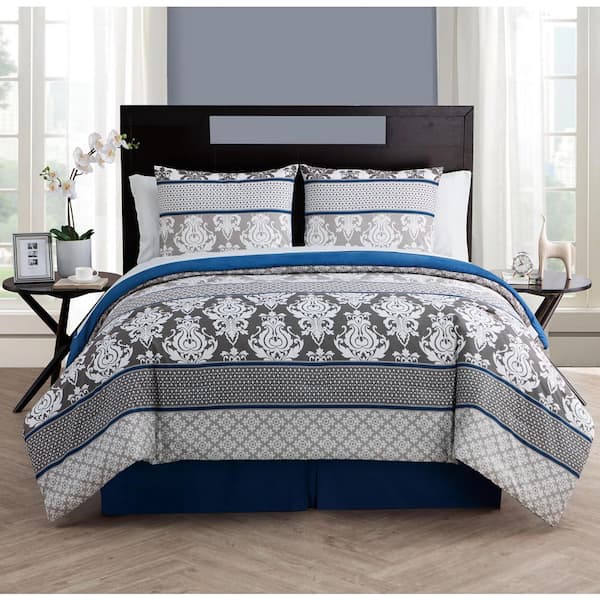 Beckham 8-Piece Blue Damask Polyester Microfiber King Bed-in-a-Bag Comforter Set