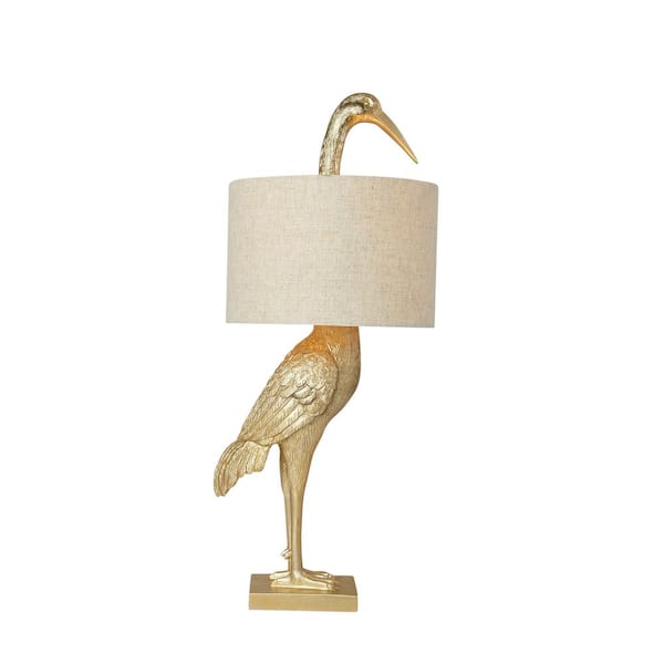 Resin Bird Table Lamp with White Linen Shade and Inline Switch Gold Finish